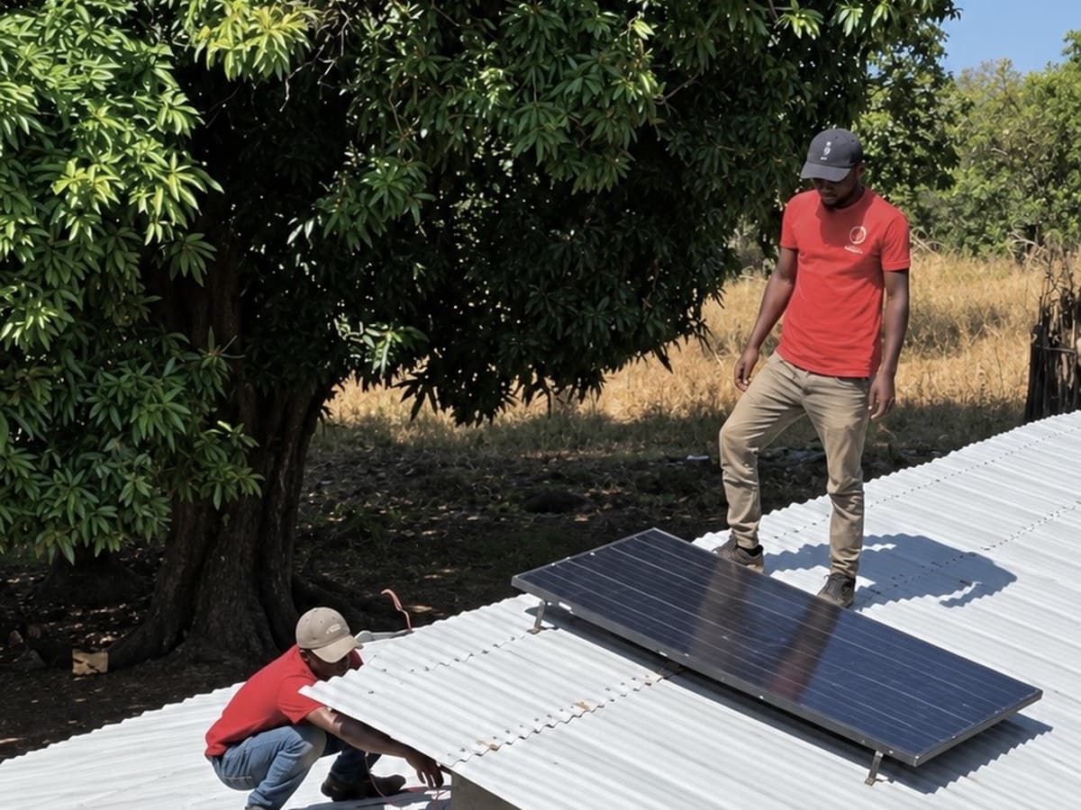 Installation d'un panneau solaire sur un toit en tôle.